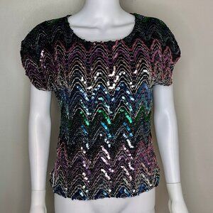 Vintage 1980s Rainbow Zig Zag Sequin Top, Oraré Size S/M